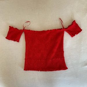 Red ruffle off the shoulder crop top